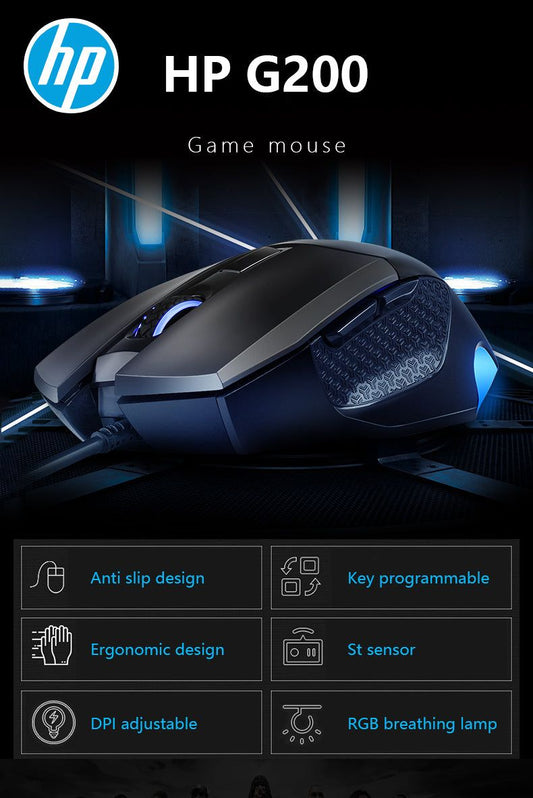 HP USB Gaming Mouse for E-Sports Gaming Adjustable DPI, Wired Backlit G200 Mouse