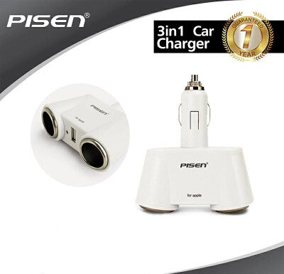 Car Charger 3 in 1 Adapter PISEN 2 Cigarette Sockets plus One USB Port